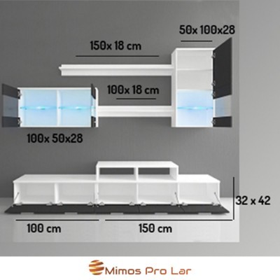 Conjunto de móveis de parede modernos em branco e preto com iluminação azul e dimensões anotadas