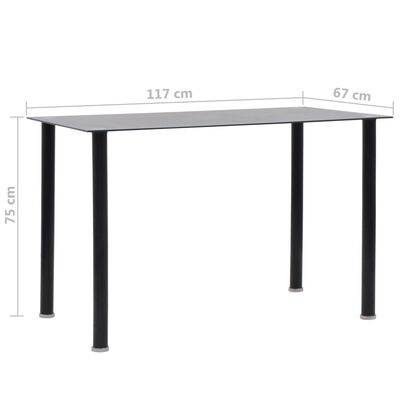 Mesa retangular com tampo branco e pés pretos cilíndricos, com dimensões 117x67x75 cm