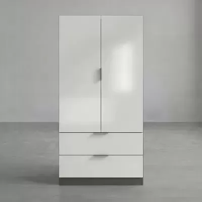 Armário branco com duas portas e duas gavetas