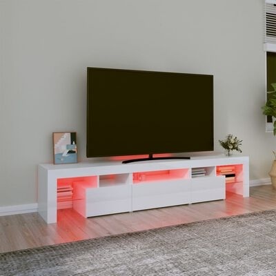 Móvel para TV branco com luz LED vermelha e televisão preta