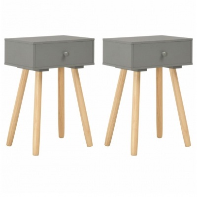 Par de mesas de cabeceira cinzentas com pernas de madeira clara