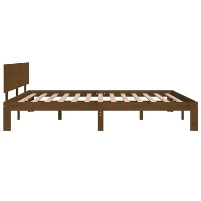 Cama de solteiro em madeira castanha escura com ripas horizontais brancas