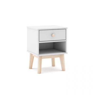 Mesa-de-cabeceira branca com gaveta e patas de madeira clara