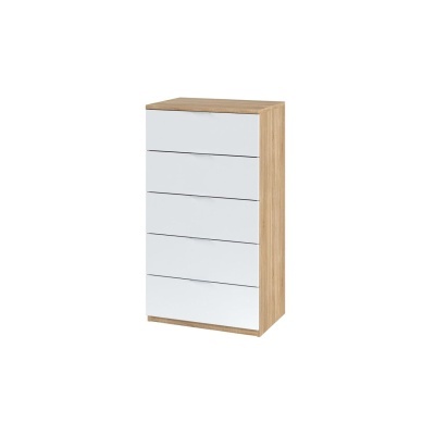 Móvel com cinco gavetas em madeira clara e frentes brancas