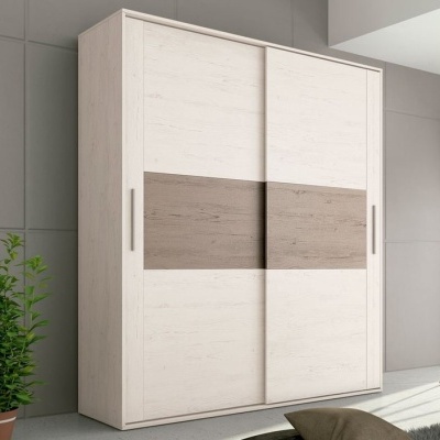 Guarda-roupa de madeira clara com faixa castanha e portas de correr