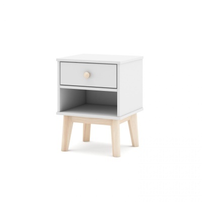 Mesa de cabeceira branca com gaveta e espaço aberto em madeira clara