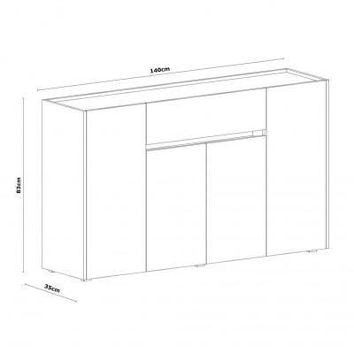 Aparador branco com quatro portas e gaveta central, dimensões 140x85x35 cm