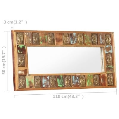 Espelho rectangular com moldura decorativa em madeira com relevos de rostos de Buda dourados