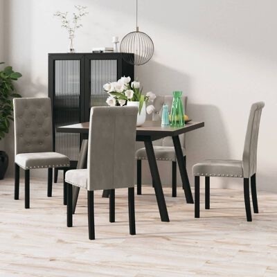 Conjunto de sala de jantar com mesa retangular cinzenta e quatro cadeiras cinzentas com pernas pretas