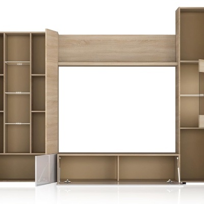 Estante modular em madeira clara e branca com várias divisórias e portas