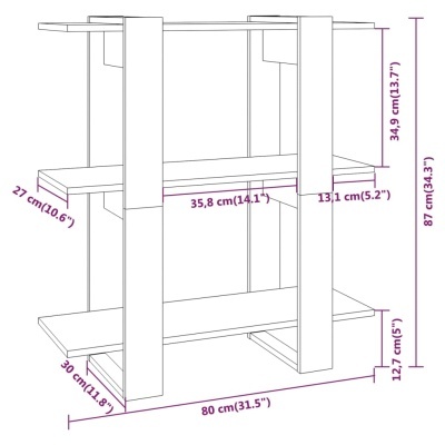 Desenho técnico de móvel com prateleiras e dimensões em cm e polegadas