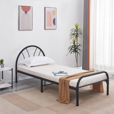 Cama individual metálica preta com roupa de cama clara, pinturas abstratas e planta num quarto moderno