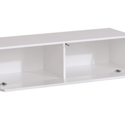 Móvel de parede branco com duas divisórias e portas inferiores abertas