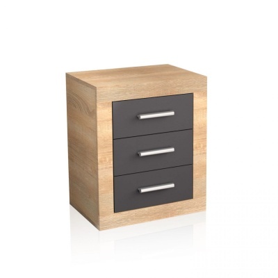Móvel de três gavetas em madeira clara e cinzento escuro