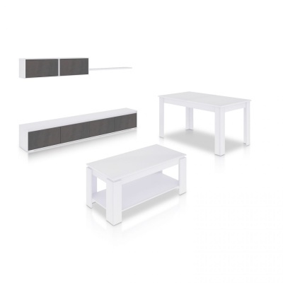 Conjunto de móveis branco com portas cinzentas e mesa de centro
