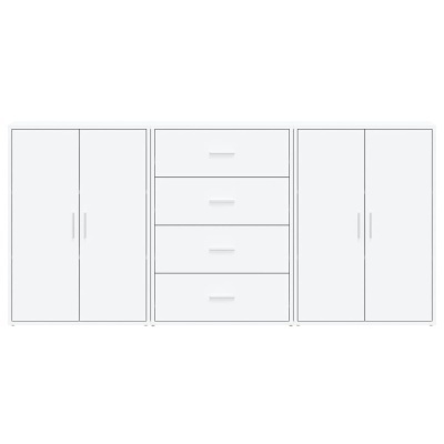 Conjunto de armários e cómoda branca com quatro gavetas e portas duplas