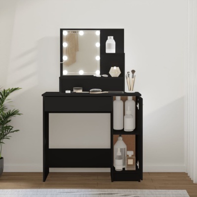 Móvel de maquilhagem preto com espelho iluminado e produtos brancos