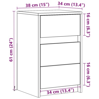 Desenho técnico de móvel com três compartimentos e dimensões em cm e polegadas
