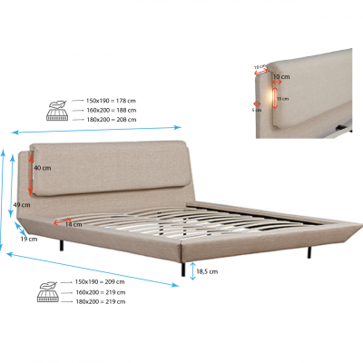 Cama estofada bege com estrutura e cabeceira almofadada com medidas