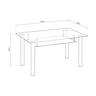 Mesa retangular com tampo transparente e quatro pés cilíndricos em desenho técnico.