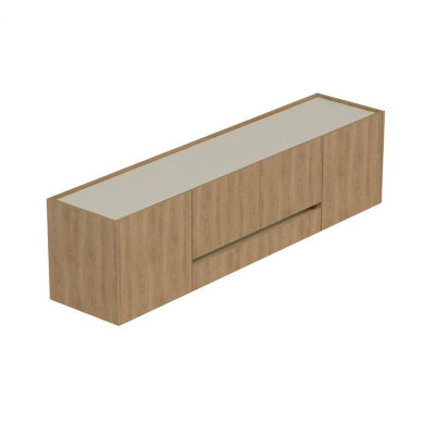 Móvel baixo de madeira castanho-claro com tampo branco e gaveta