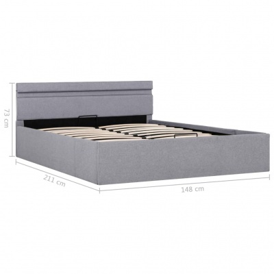 Cama de casal cinzenta com cabeceira estofada e estrado de ripas