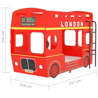 Cama infantil em forma de autocarro vermelho de dois andares com texto London