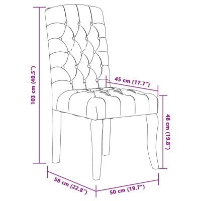 Desenho técnico de cadeira estofada com dimensões em cm e polegadas