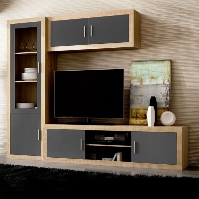 Conjunto de móveis para sala em madeira clara e portas cinza escuro com televisão e decoração