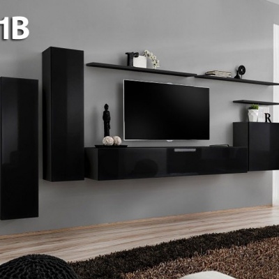 Móvel de sala preto suspenso com televisão numa parede cinza e tapete castanho