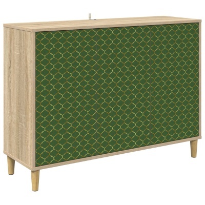 Móvel de madeira clara com portas verdes e padrão dourado