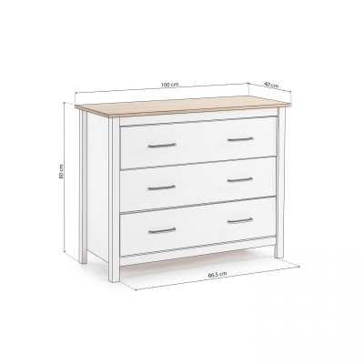 Cômoda branca com três gavetas e tampo em madeira clara com medidas