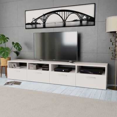 Móvel para TV branco com gavetas e prateleiras, TV, planta, abajur e quadro preto e branco na parede cinza