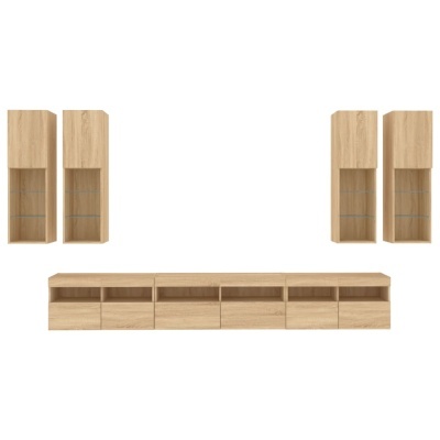 Conjunto de móveis suspensos e inferiores de madeira clara com portas de vidro e gavetas