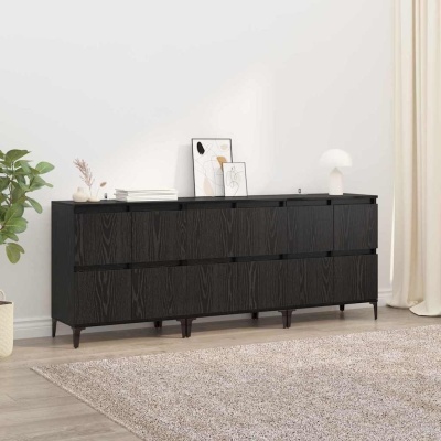 Móvel negro de madeira com portas e decoração minimalista em sala iluminada.