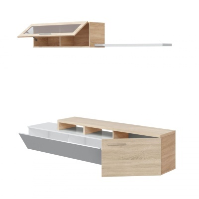 Móvel de parede moderno em madeira clara com portas brancas e compartimentos abertos.