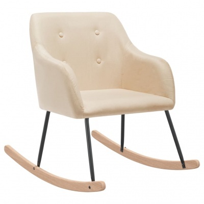 cadeira baloiço tecido bege com botões estrutura metálica preta e bases madeira clara
