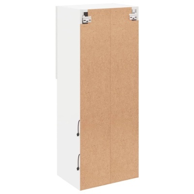 Armário vertical branco com portas de madeira clara e puxadores pretos