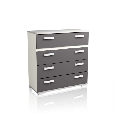 Cómoda moderna com quatro gavetas cinza e estrutura branca