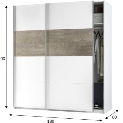 Guarda-roupa branco com faixa de madeira, portas de correr, aberto mostrando interior com cabides e prateleiras.