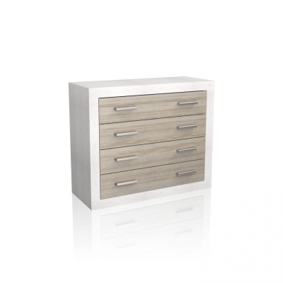 Cômoda branca com quatro gavetas de madeira castanha clara e puxadores metálicos