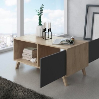 Mesa de centro em madeira clara com portas cinzentas e objetos decorativos