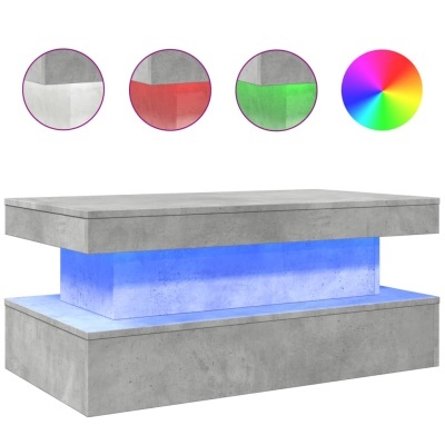 Mesa de cimento retangular com base iluminada em azul e círculos coloridos acima