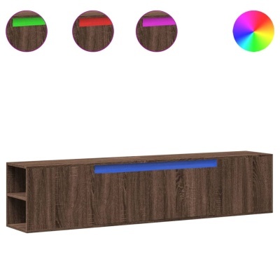 Móvel de parede retangular em madeira escura com alça azul e prateleiras nas extremidades