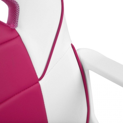 Parte de cadeira ergonómica rosa e branca com braço e detalhes de costura