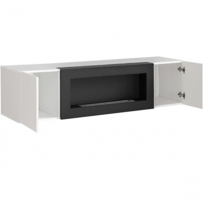 Móvel de parede branco com portas laterais abertas e centro preto