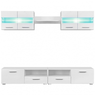 Conjunto de móveis para sala branca com luz azul e puxadores metálicos