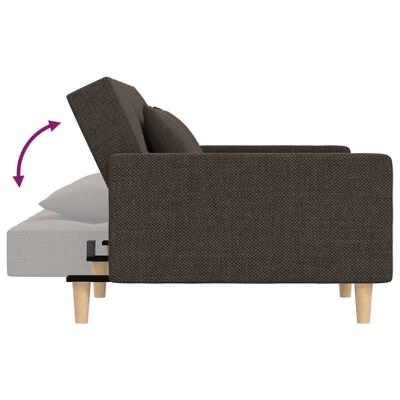 Sofá-cama cinza escuro em tecido com almofadas e estrutura em madeira clara, conversível em cama com colchão cinza claro