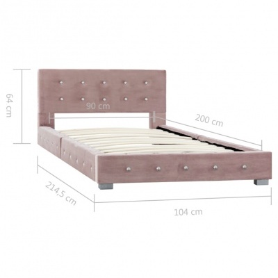 Cama estofada rosa claro com botões prateados e medidas indicadas