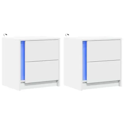 Par de mesas de cabeceira brancas com iluminação azul
